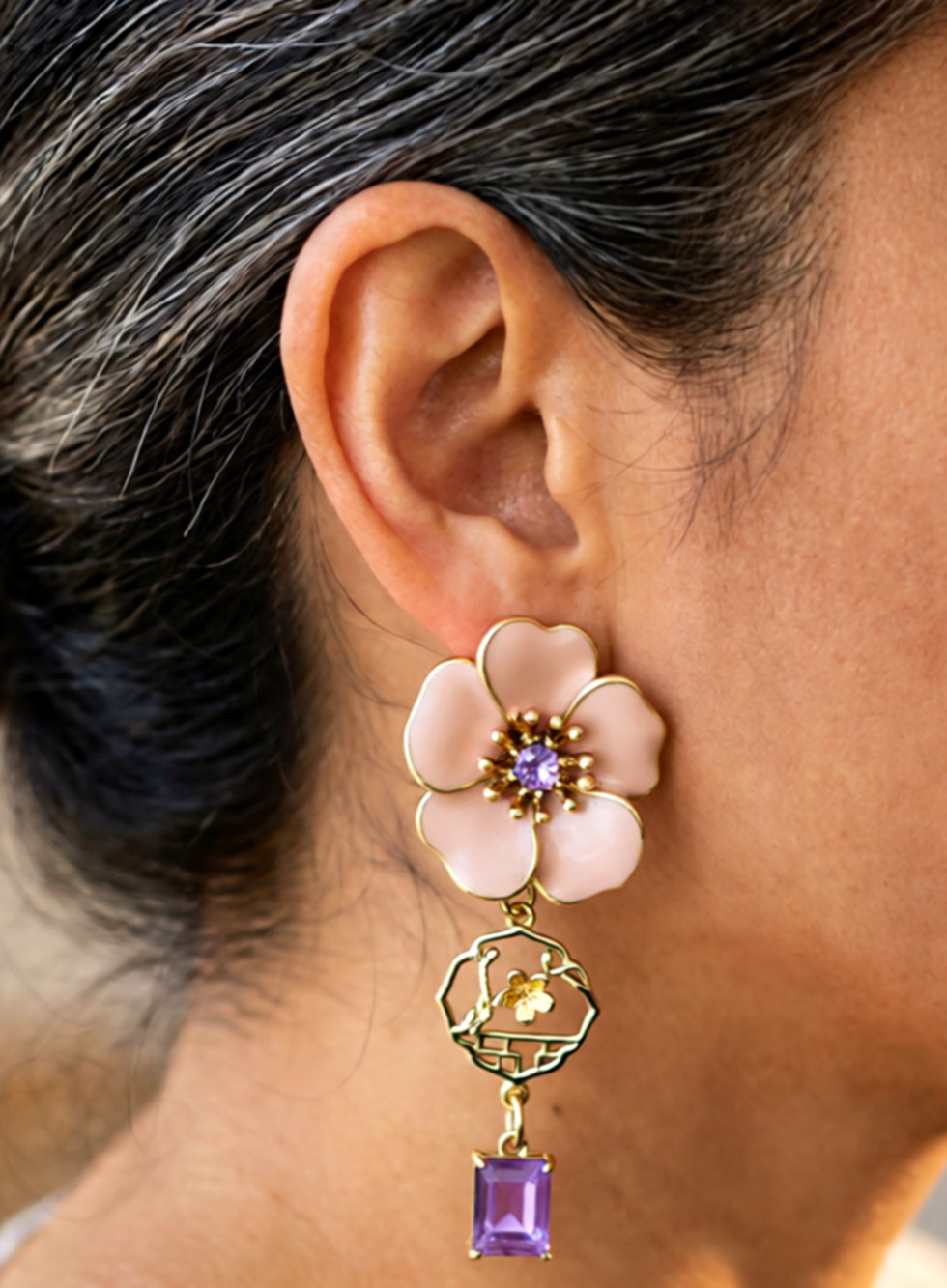 Vintage Light Peach Enamel Flowers Dangle Earrings with lavendar charm crystals